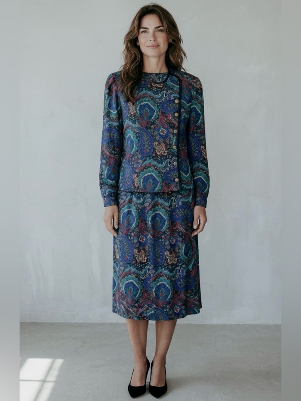 Vintage 90s Leslie Fay Petite Paisley 2 Pc Skirt Suit Set Size 8P USA